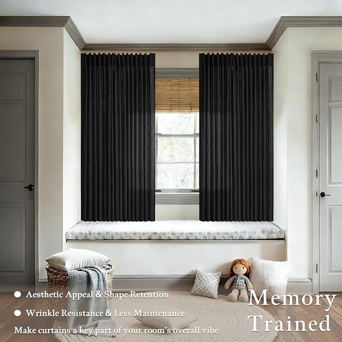 72 Inch Black Linen Blend Pleated Semi Sheer Privacy Curtains 50 Inch Wide | - Image 2