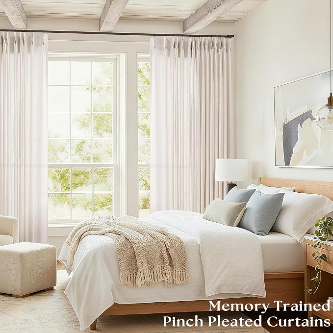 Linen Semi Sheer Pleated Curtains 84 Inches Long 100 Inch Wide Cream | Extra - Image 2