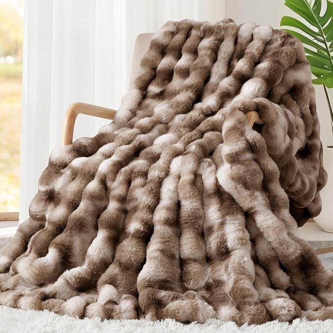 Luxury 1000GSM Rabbit Faux Fur Blanket, Super Heavy Warm Cozy Brown Blankets by TOUCHAT