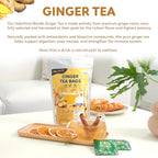 Indochine Blends, Ginger Tea Bags, 50 Teabags, 2g/bag, Individually Wrapped Envelopes, Caffeine-free, No Sugar, Healthy Belly Herbal Tea Supports Digestion & Boosts the Immune System