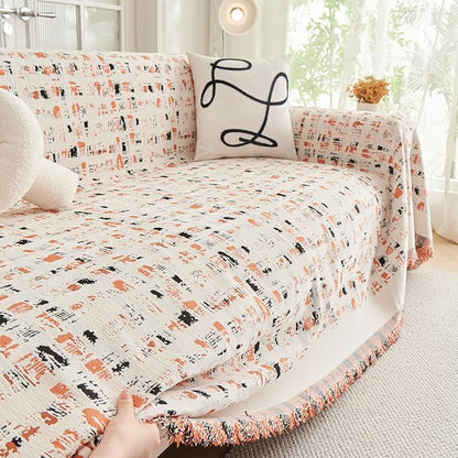 DREAMINGO Abstract Chenille Couch Cover Blanket Beige Orange Black Boho Sofa - Image 2