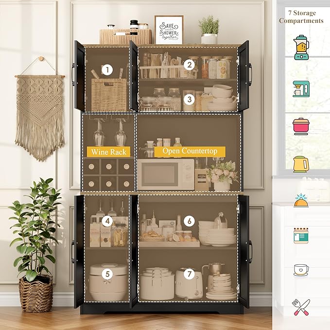 HOSTACK Kitchen Pantry Storage Cabinet, 71" Tall Food Pantry Cabinet with Microwave Stand, Farmhouse Kitchen Hutch, Coffee Bar Hutch with Wine Rack for Dining Room, Living Room, Black