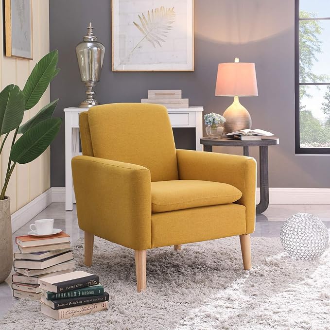 Mid-Century Modern Accent Chair, Linen Fabric Upholstered Comfy Reading Leisure - Image 9