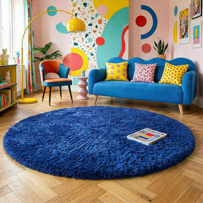 Amdrebio Navy Blue Large Fluffy Round Rug 7Ft by Amdrebio