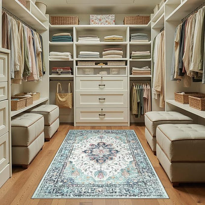 RELEANY Washable Area Rug, Teal Green/White/Navy | Non-Slip, Water Repellent - Image 4