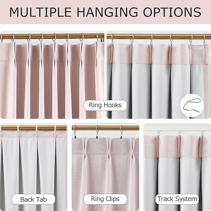 Vision Home Soft Pink Pinch Pleated Full Blackout Curtains Linen Blended Room - Image 4