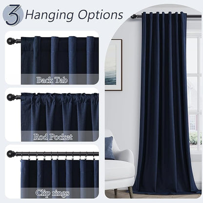 Navy Blue 100% Blackout Linen Curtains 102 Inch Length 2 Panels Set - Image 5