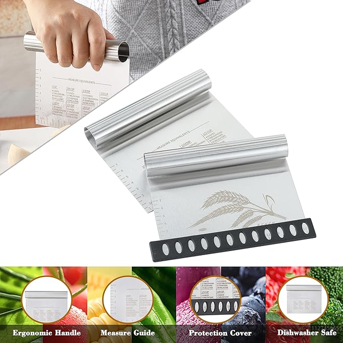 2PCS Dough Pastry Bench Cutter Scraper, OLULU Stainless Steel Kitchen Food Scraper with Protective Cover, Anti-Wear Laser-Engraved Measuring Scale and Ear Of Wheat, Dishwasher Safe (2Pack, 6 inch)