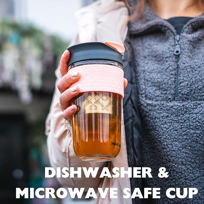 Large Travel Mug Loose Tea Infuser - Detachable Tea Strainer with Spill Proof Lid - 18oz/530ml BPA-Free Reusable Glass Travel Coffee Cup with Silicone Band (Pink) (Ice Cream)