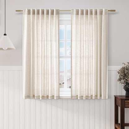 Beige Linen Sheer Curtains 54 Inch Length 2 Panel Set Back Tab Pocket Semi by Nanspring