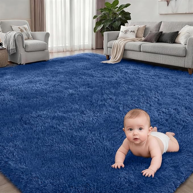 Area Rug Living Room Bedroom: 6x9 Fluffy Plush Shag Carpet Blue | - Image 2