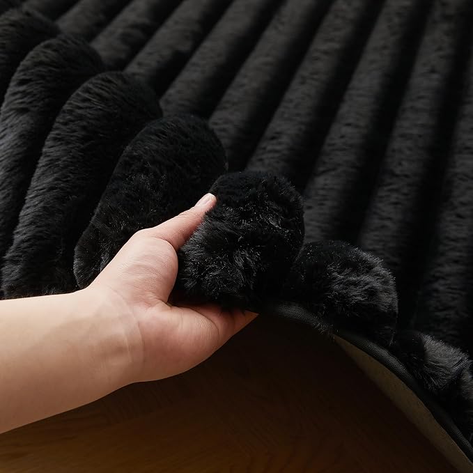Black Rabbit Striped Plush Rug 2'x6', Fluffy Faux Fur Shaggy Area Rug - Image 4