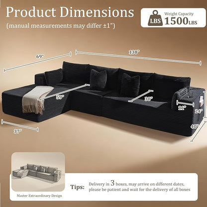 138" Cloud Sectional Couch, Comfort L Shaped Boneless Couch - Image 2