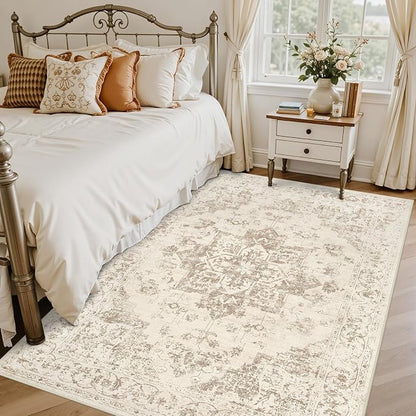 5x7 Area Rugs Living Room: Bedroom Washable Carpet Beige/Ivory | Vintage Boho - Image 2