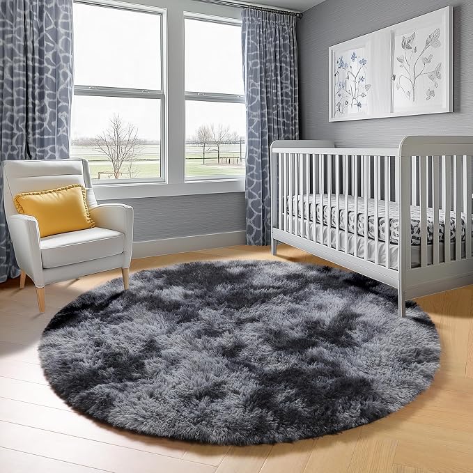 Tie-Dyed Dark Grey Round Area Rugs 5ft, Ultra Soft Bedroom Circle Rug - Image 7
