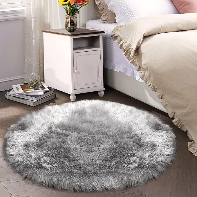 Latepis Round Grey Rugs 6.7ft Faux Sheepskin Fur Circle Rug Fluffy Rugs by Latepis