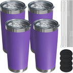 Travel Coffee Tumbler 20oz, 4 Pack Leakproof Travel Coffee Mug with Lid and Straw, Stainless Steel Double Wall Vacuum Insulated Tumbler for Hot/Iced Drinks (Textured Matte, Purple)