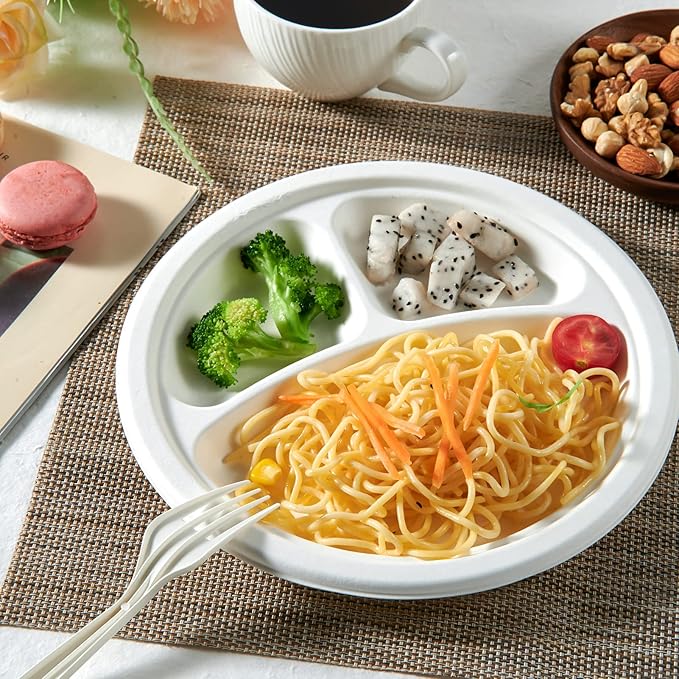 Vplus 100% Compostable Paper Plates, 600 Pack 9 Inch 3 Compartment Plates Disposable, Heavy Duty Biodegradable, Made of Sugar Cane Fibers, for Daily meals, Dinner, Parties, BBQ