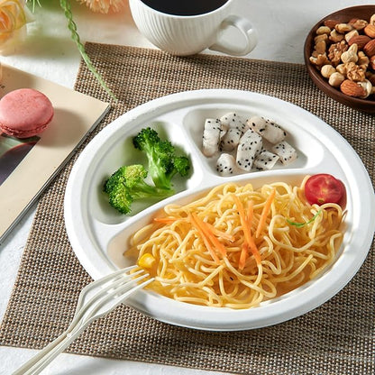 Vplus 100% Compostable Paper Plates, 500 Pack 10 Inch 3 Compartment Plates Disposable, Heavy Duty Biodegradable, Made of Sugar Cane Fibers, for Daily meals, Dinner, Parties, BBQ
