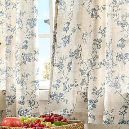 Blue on Beige Linen Kitchen Curtains Rod Pocket 26W X 24L 2 Panels | Elisa - Image 8