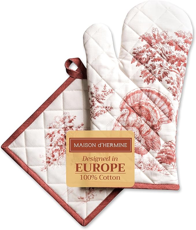 Maison d' Hermine 100% Cotton Oven Mitt & Pot Holder Set (7.5"x13" & 8"x8") Heat Resistant BBQ Cooking Gloves with Loop, Baking, Grilling, Kitchen, Handling Hot Pans (Holy Jouy - Red)
