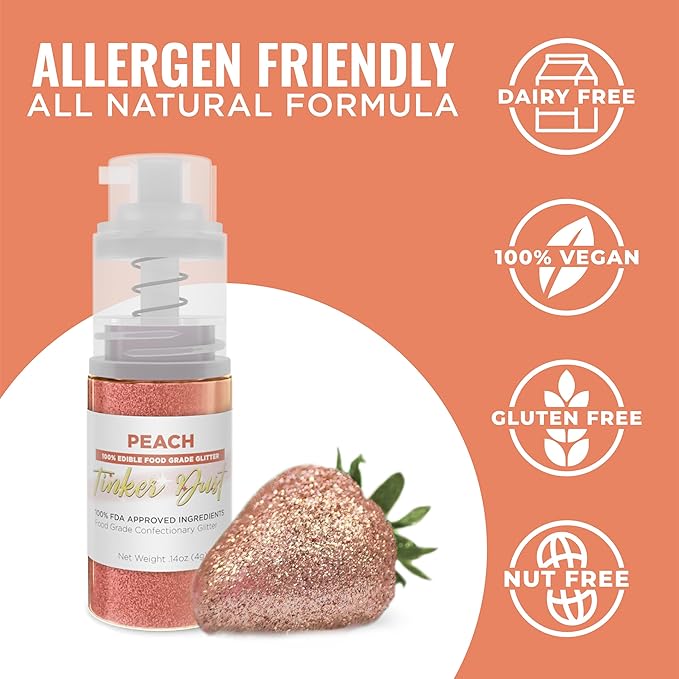 Bakell - Peach Tinker Dust (4g, 1x Mini Spray Pump) Edible Glitter for Food, Desserts, and Beverages!