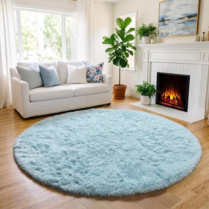 Amdrebio Light Blue Fuzzy Round Circle Area Rug 5Ft - Image 5