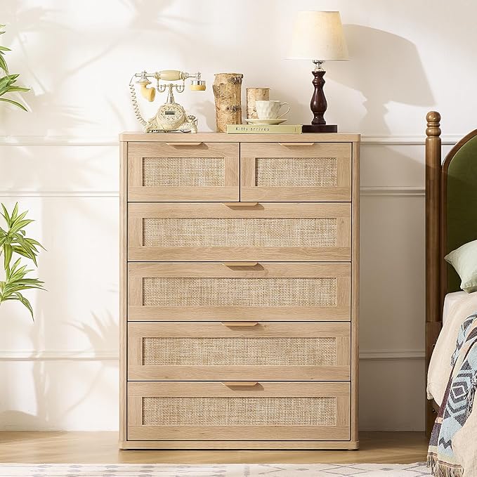 LEYAOYAO Rattan Dresser for Bedroom, Modern 6 Drawers Boho Dressers - Image 6