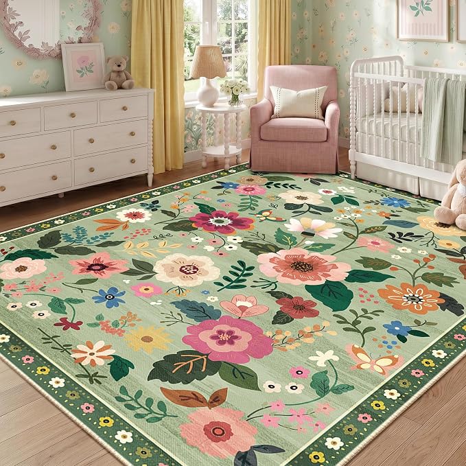 RELEANY Floral Washable 6x9 Area Rugs LightGreen | Flower Carpet Print Boho - Image 2
