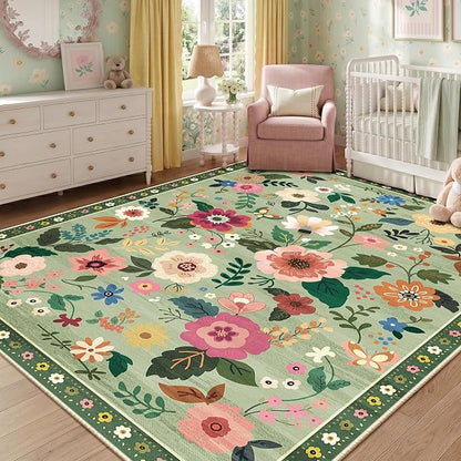 RELEANY Floral Washable 6x9 Area Rugs LightGreen | Flower Carpet Print Boho - Image 2