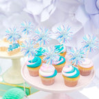 30 PCS Foil Firework Cupcake Toppers Sparkle Tinsel Cupcake Picks Happy Birthday Cake Toppers Drink Stirrers Cocktail Food Fruit Toothpicks for Baby Shower Wedding Party Decorations Supplies Blue