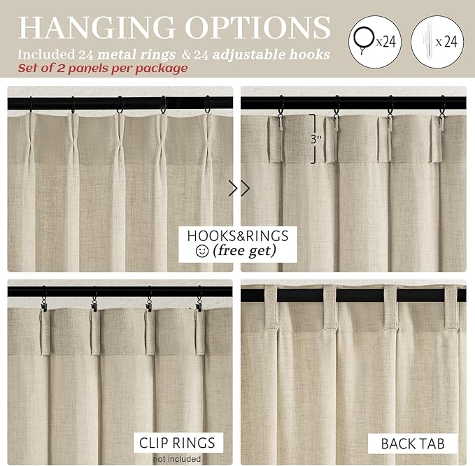 Warm Beige Extra Wide 70 Inch Pinch Pleated Natural Linen Curtains 84 Inch - Image 6