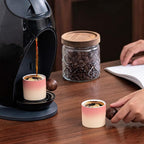 Ceramic Mini Espresso Cups Demitasse Cups with Round Wooden Handle Vertical Stripes Tea Cups (Beige&Pink, 2pcs)