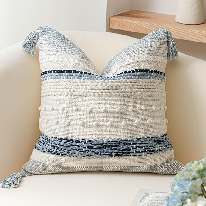 Coastal Blue Boho Decorative Throw Pillow Cover 20x20 Modern Bohemian Accent by BlissBlush