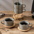 LUKA 6 Ounce Porcelain Stackable Espresso Cups with Saucers and Metal Stand Set of 4, Ceramic Cappuccino Cups Set for Specialty Coffee Drinks, Latte, Cafe Mocha and Tea, Gray