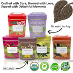 Premium USDA Organic Ceylon Tea Sampler Set - 6 Flavors, 50 Bags Per Tin (300 Total) Variety Pack Non-GMO, Herbal, Fruity, Green & Black, Caffeinated & Decaffeinated