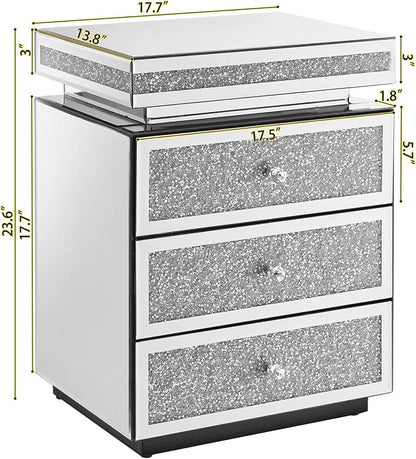 Modern Glam Glass Mirror Nightstand, 3-Drawer Luxury Mirrored Accent Table - Image 2