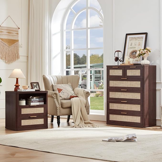 LEYAOYAO Dresser for Bedroom, Modern 6 Drawers Boho Rattan Dressers - Image 9