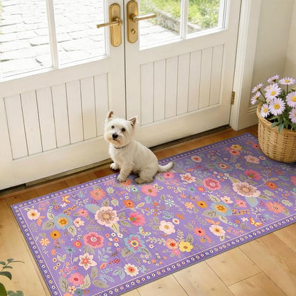 Floral Washable 2x5 Area Rugs Runner Entryway Hallway Purple/Pink | Flower - Image 2
