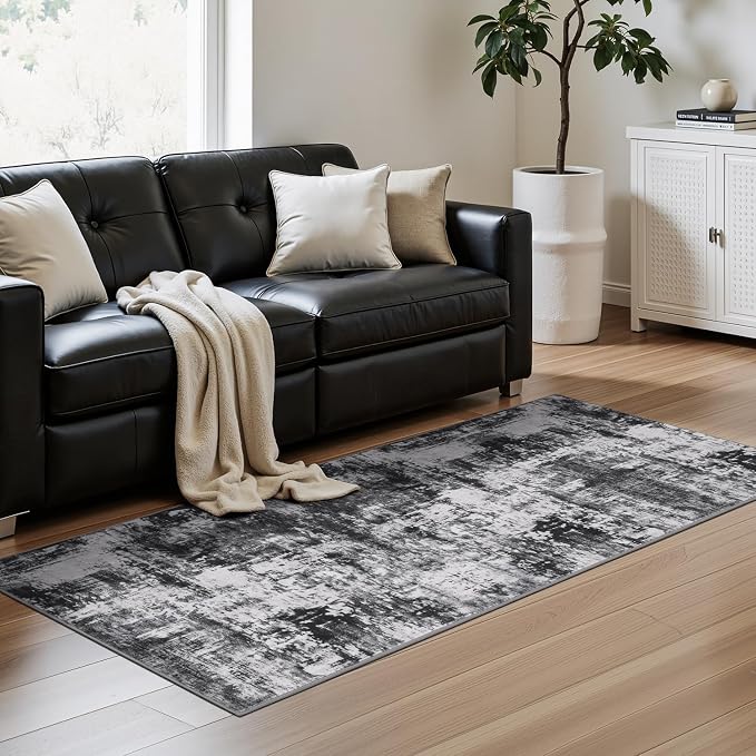 Rugflix 2x6 Runner Rug for Hallway, Washable Black Grey Kitchen Runners | - Image 2