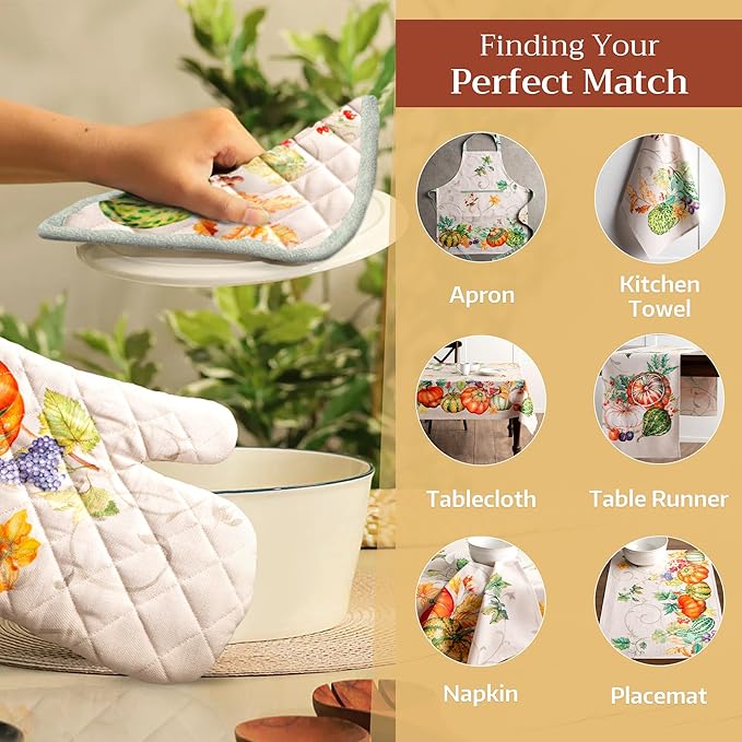 Maison d' Hermine 100% Cotton Oven Mitt & Pot Holder Set (7.5"x13" & 8"x8") Heat Resistant BBQ Cooking Gloves with Loop, Baking, Grilling, Kitchen, Handling Hot Pans (Lumina)