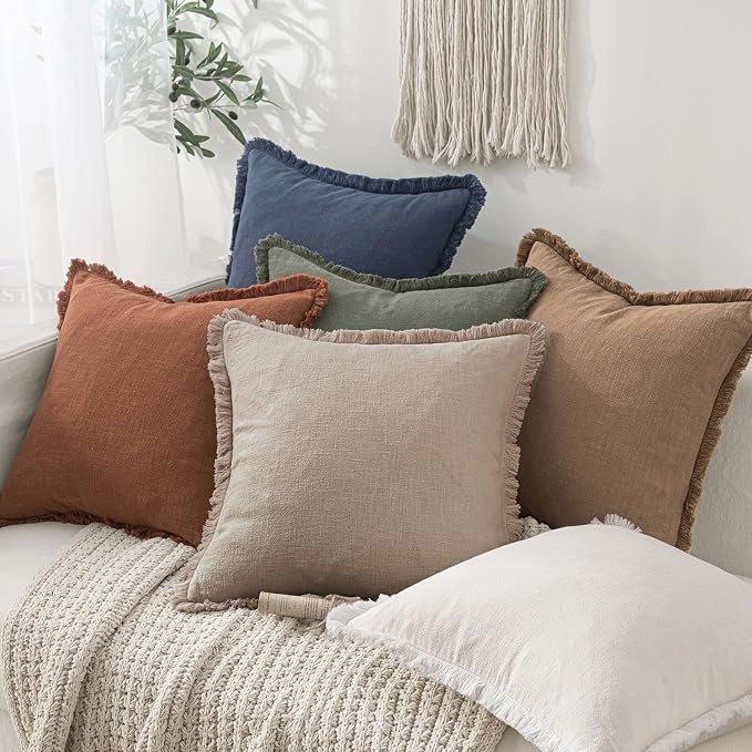 MIULEE Boho Natural Linen Fringe Decorative Euro Throw Pillow Covers 28x28 | - Image 5