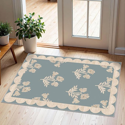 Front Door Mat Indoor Outside Entrance 2x3 Blue Scalloped Entry Rug | Non-Slip by Othilic