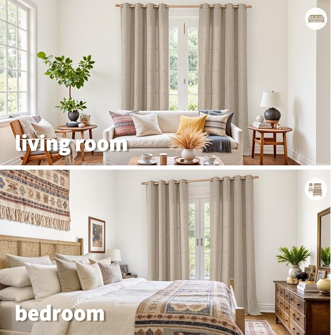 YoungsTex Oatmeal Linen Curtains 95 lnch Long 2 Panels, Tan Grommet Drapes | - Image 2