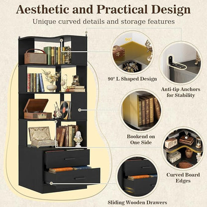 Armocity Corner Bookshelf with Drawers, 7 Tier Corner Book Shelf Display - Image 4