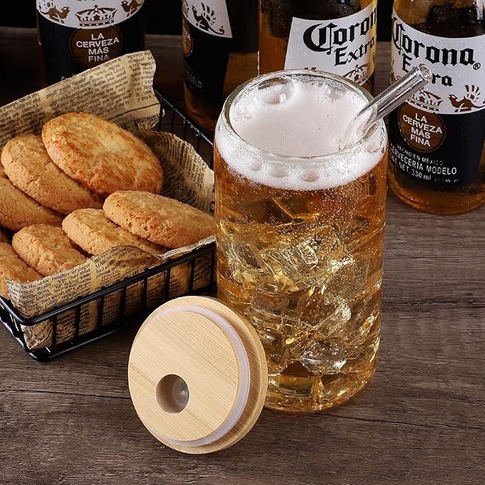 Glass Cups with Lid and Straw, 16oz Beer Glasses Glass Coffee Cups, Iced Coffee Cups with Lid, Glass Tumbler with Straw and Lid (4 PACK)