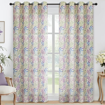 Yakamok 84 Inches Blue and Purple Leaves Linen Curtains by Yakamok