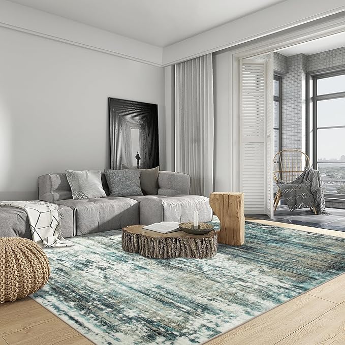5x7 Area Rugs for Living Room: Washable Abstract Teal Green Badroom Carpet | - Image 3
