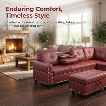 97.5" Red L Shaped Couch Set Leather, Modular Sectional Couches - Image 8