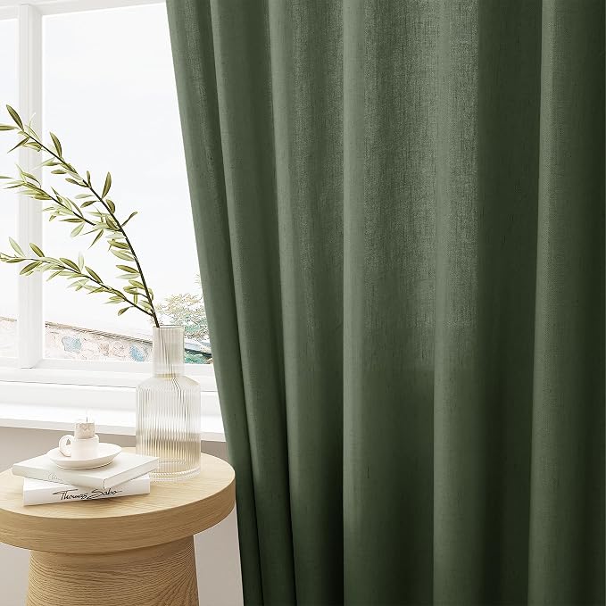 Olive Green Linen 100 Inch Wide Curtains 90 Inches Long Semi Sheer | Light - Image 6